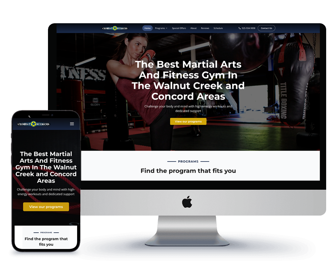 Example martial arts and fitness gym website built by 97Display, shown on desktop and mobile